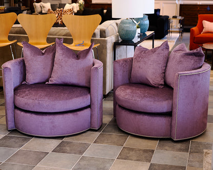 Pair of Rene Cazares Purple Upholstered Swivel Chairs