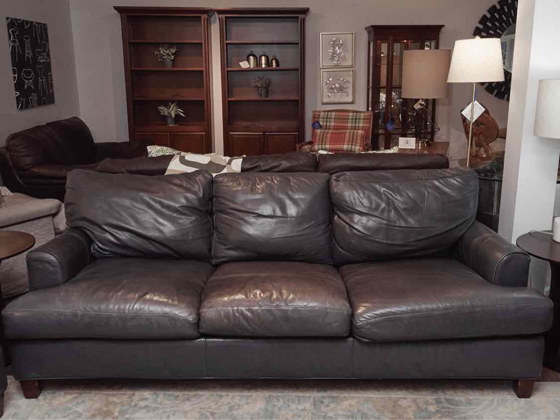 Bradington Young  Blue Gray Leather 3 Cushion Sofa