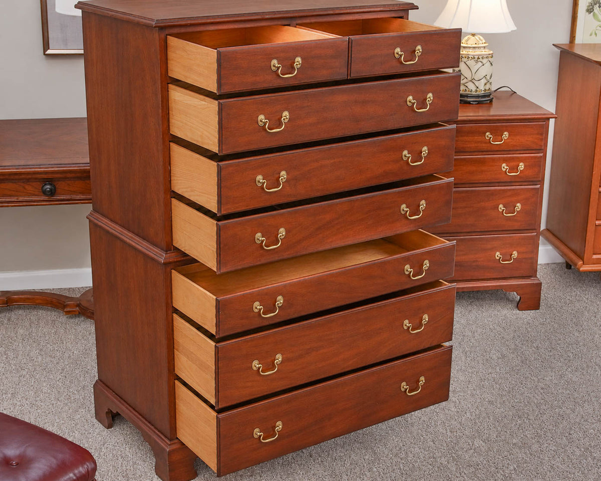 Henkel Harris Chippendale-style Chest-on-Chest in Mahogany with Brass Pulls
