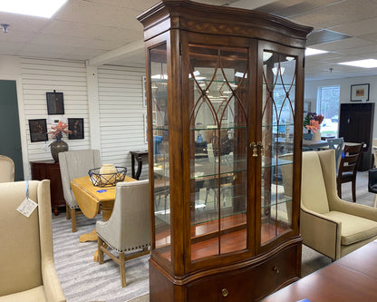 Serpentine Front Lighted Inlaid Display Cabinet with Brass Pulls
