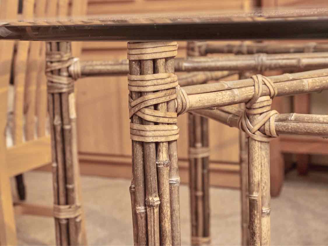 McGuire  Round Glass Top Bamboo Base Legs Dining Table