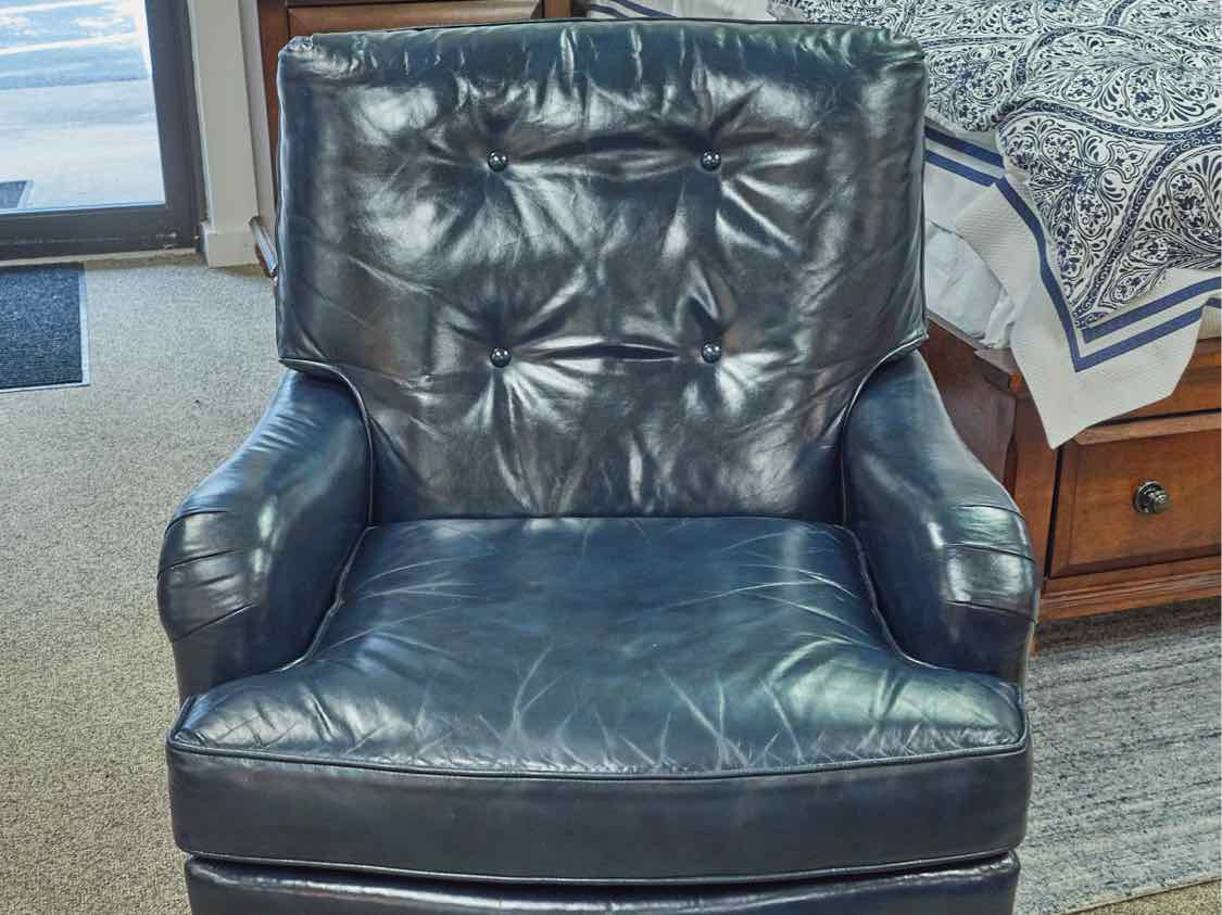North Hickory Blue Leather Chair and Ottoman