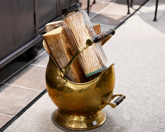 Antique Brass Scuttle and Matches Set