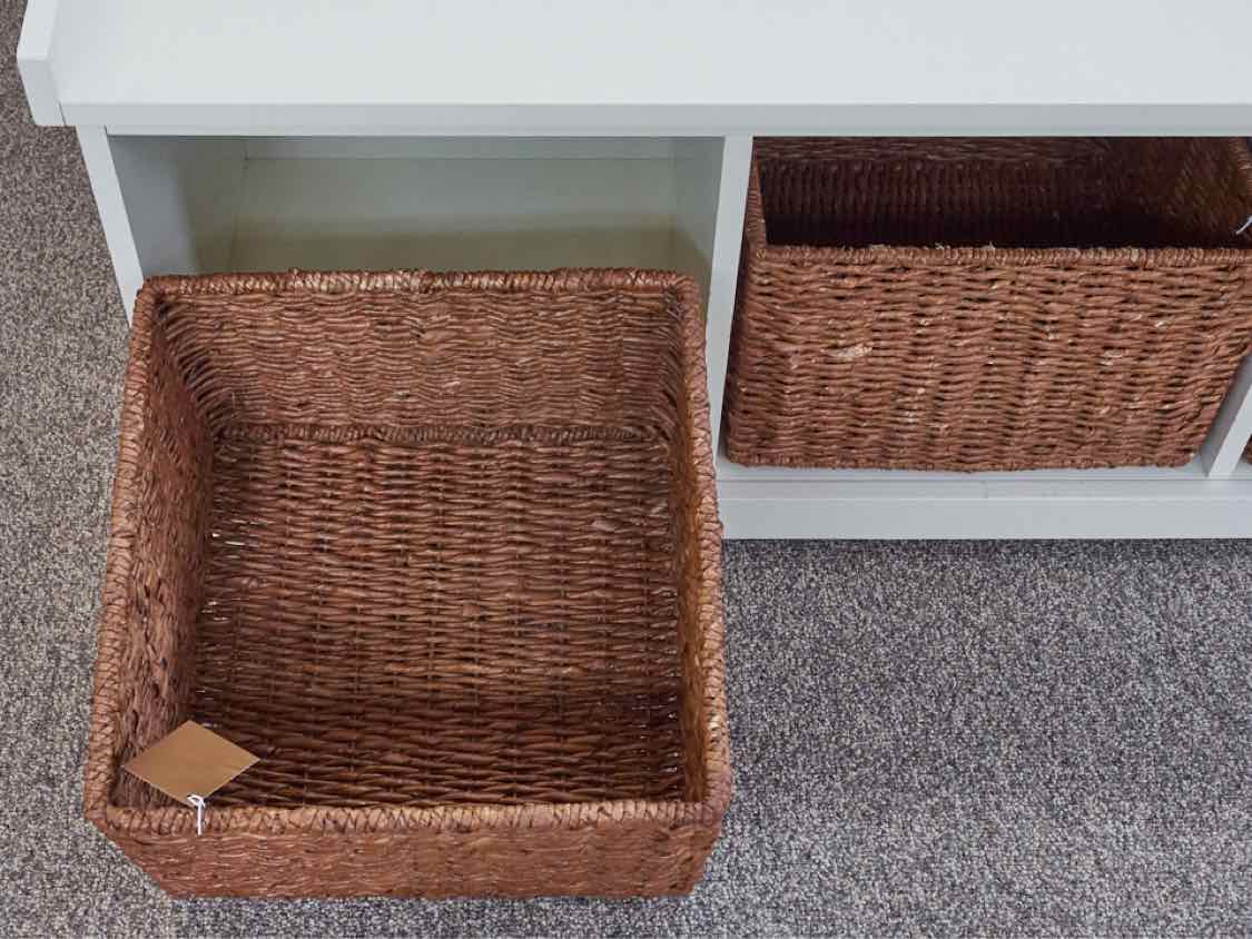 Pottery Barn White Hall Bench W/ Wicker Baskets
