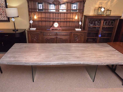 Live Edge Style Composite  Driftwood Finish Glass Base Dining Table