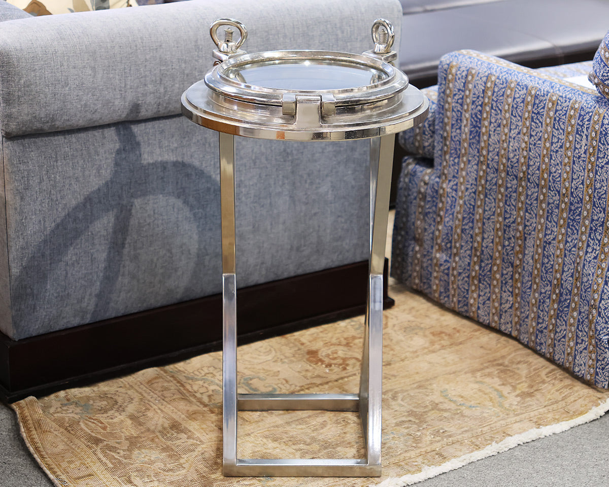 Ship Hatch Chrome Metal Side Table with Glass Top