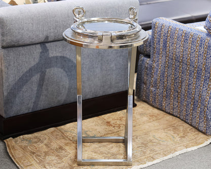 Ship Hatch Chrome Metal Side Table with Glass Top