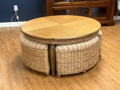 J&J Rattan Hassock Cocktail Table w/ Storage Stools