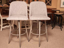 Pair Of Amisco Industries Silver Grey Upholstered Swivel Bar Stools