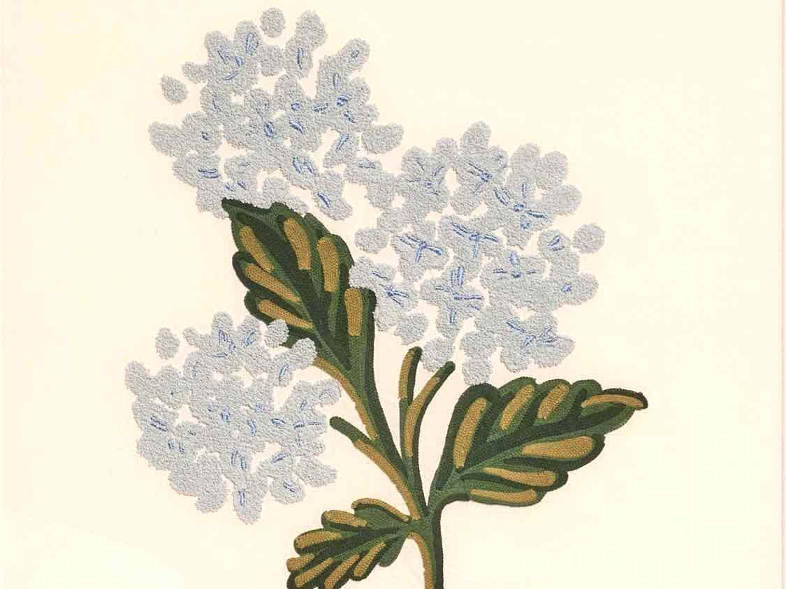 Embroidered Hydrangea on White in Light Wood Frame