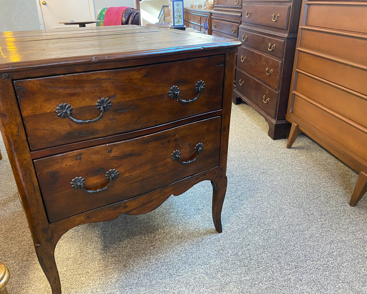 Pair of Theodore Alexander French Alderwood 2-Drawer Nightstands with Iron Pulls