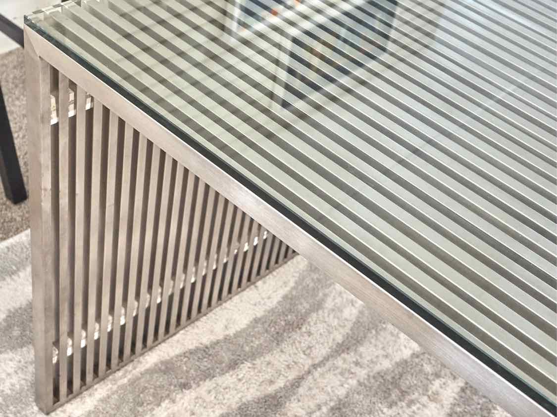 Amici Brushed Stainless Steel Dining Table with Glass Top Dining Table