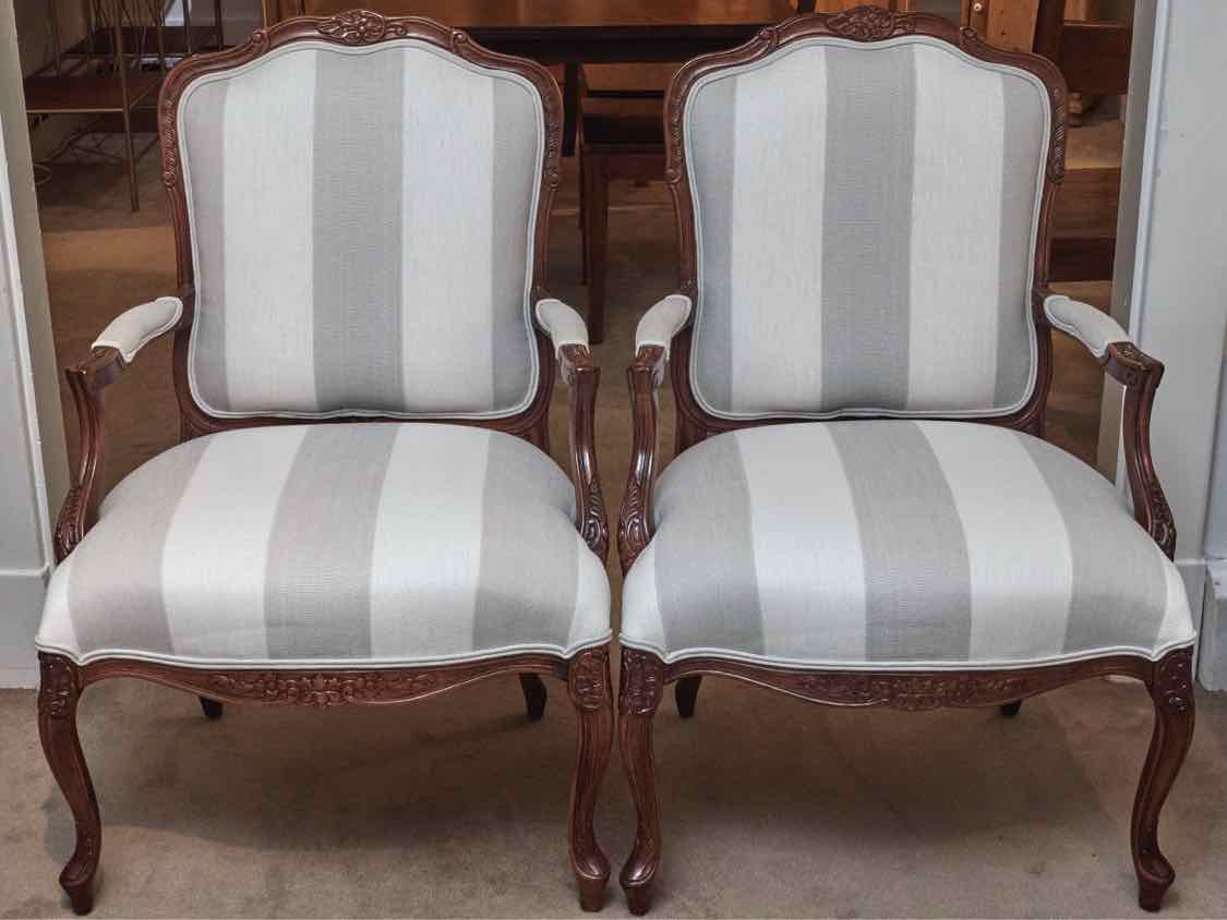 Pair Of Ballard Design French Inspired White & Gray Striped Arm Chairs