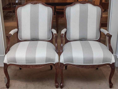 Pair Of Ballard Design French Inspired White & Gray Striped Arm Chairs