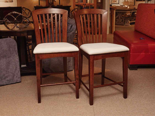 Pair Of Dark Stained Ash Cream Fabric Cushion Counter Stools