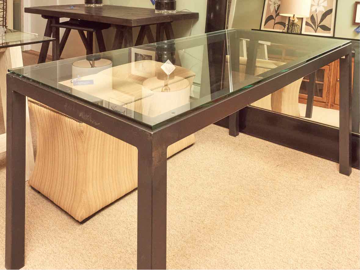 Room & Board Gun Metal Steel Base Dining Table with Glass Top