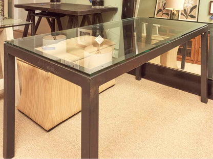 Room & Board Gun Metal Steel Base Dining Table with Glass Top