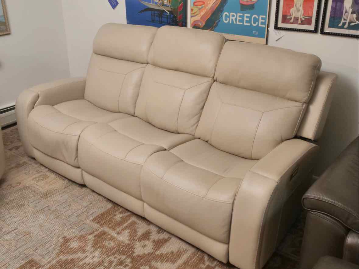 Motomotion Home Theater Ivory Leather Drop Down Console Power Recliner Sofa