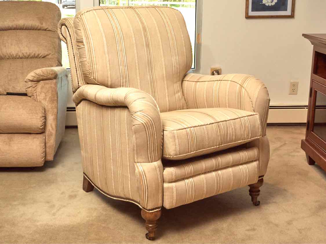 Pair Of Arhaus  Custom Stripe Upholstered Rolled Arms Recliners