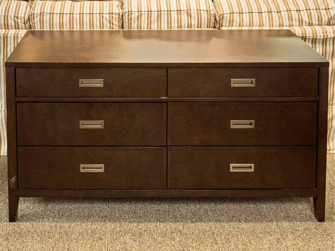 Crate & Barrel Dark Finish 6-Drawer Double Dresser with Campaign Pulls
