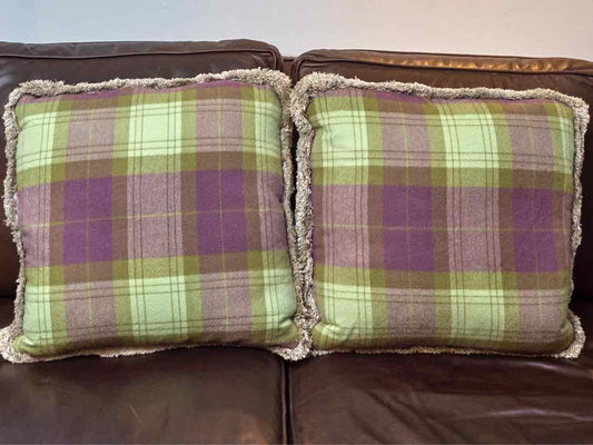 Pair Of Wool Blend Green & Purple Plaid & Fringe Accent Pillows