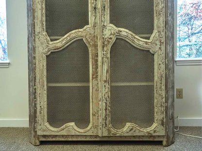 Rustic French Inspired Display Cabinets in Grey Finish with Wire Mesh Doors