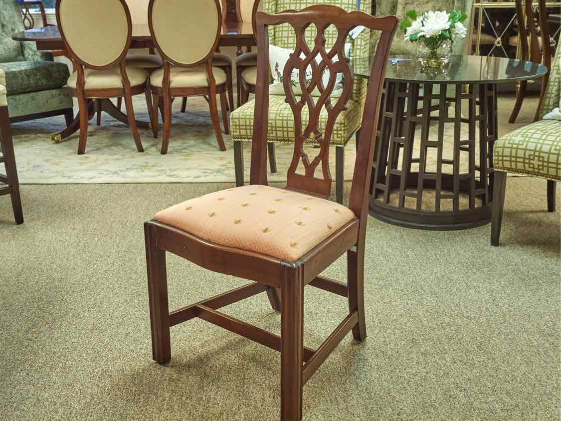 Set of 6 Chippendale Dining Chairs in Cherry with Pale Coral Bee Fabric Seats