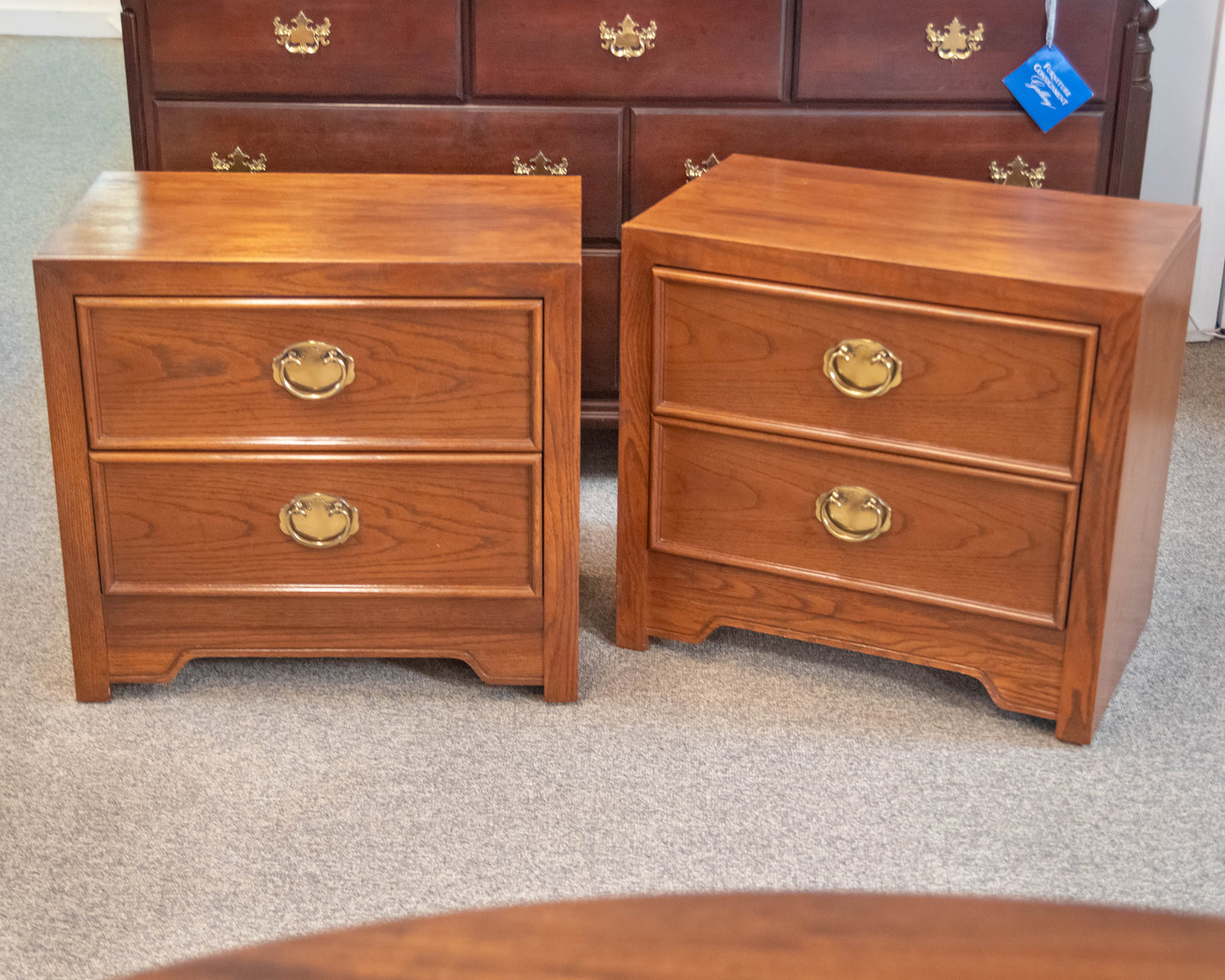 Pair of Thomasville Oak Campaign Style Nightstands