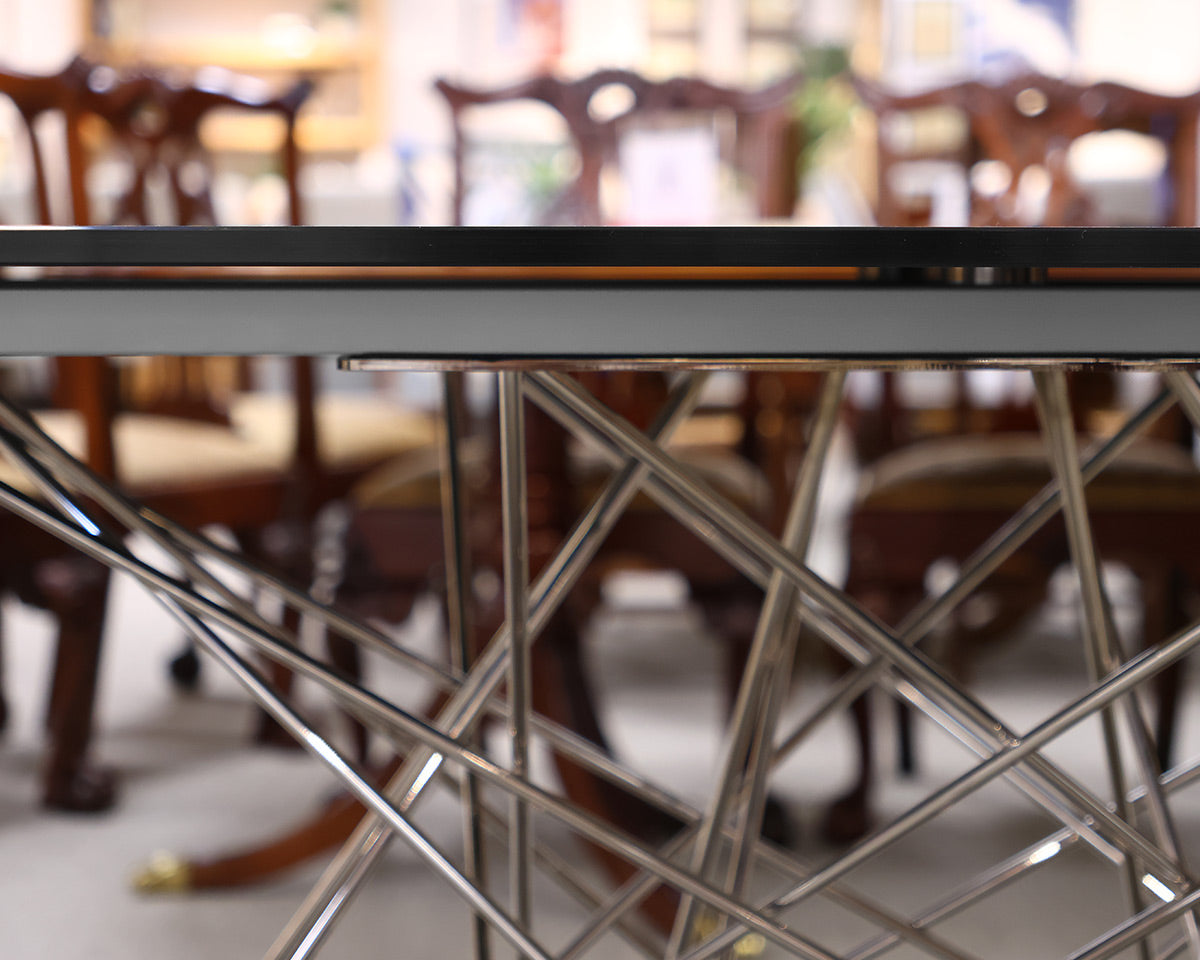 Bonaldo OCTA Dining Table with Black Satin Glass Top on Chrome Web Pedestal