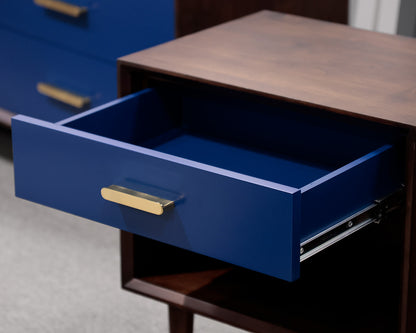 Pair of Espresso Wooden Nightstands With Navy Drawers