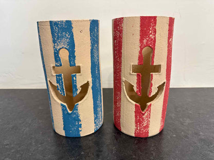 Pair of Red & Blue Striped Clay Anchor Luminaries