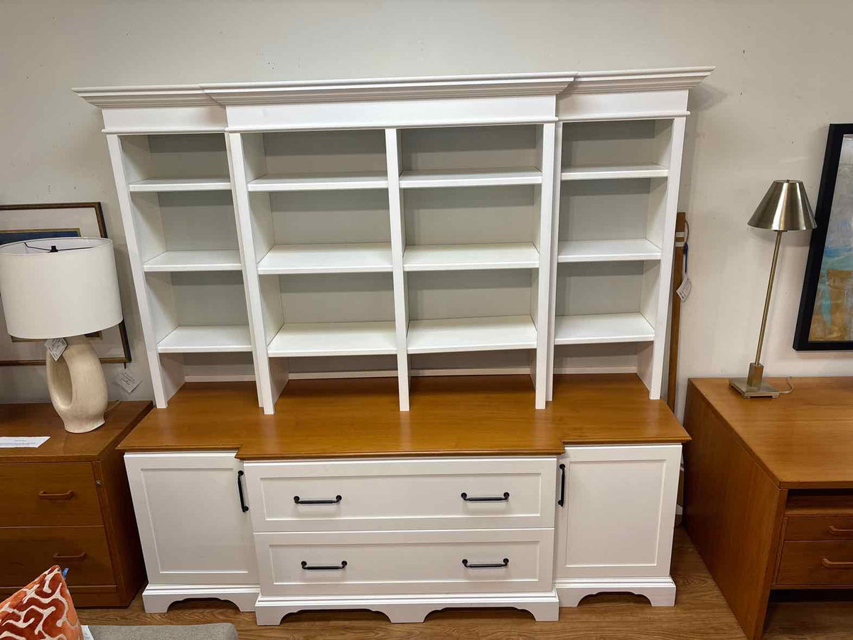 White and Cherry Custom Built Bookcase and Storage Cabinet