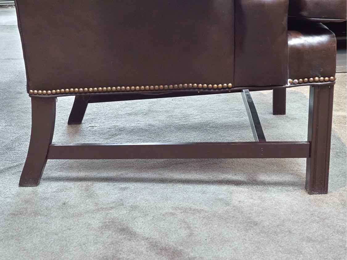 Pair Of Sam Moore 'Walnut Brown' Leather Wing Back Nailhead Trim Chairs