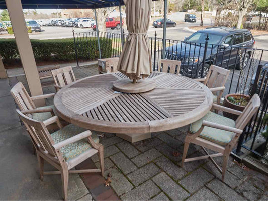 Outdoor Dining Set in Teak with 84" Round Dining Table, 8 Chairs & Umbrella