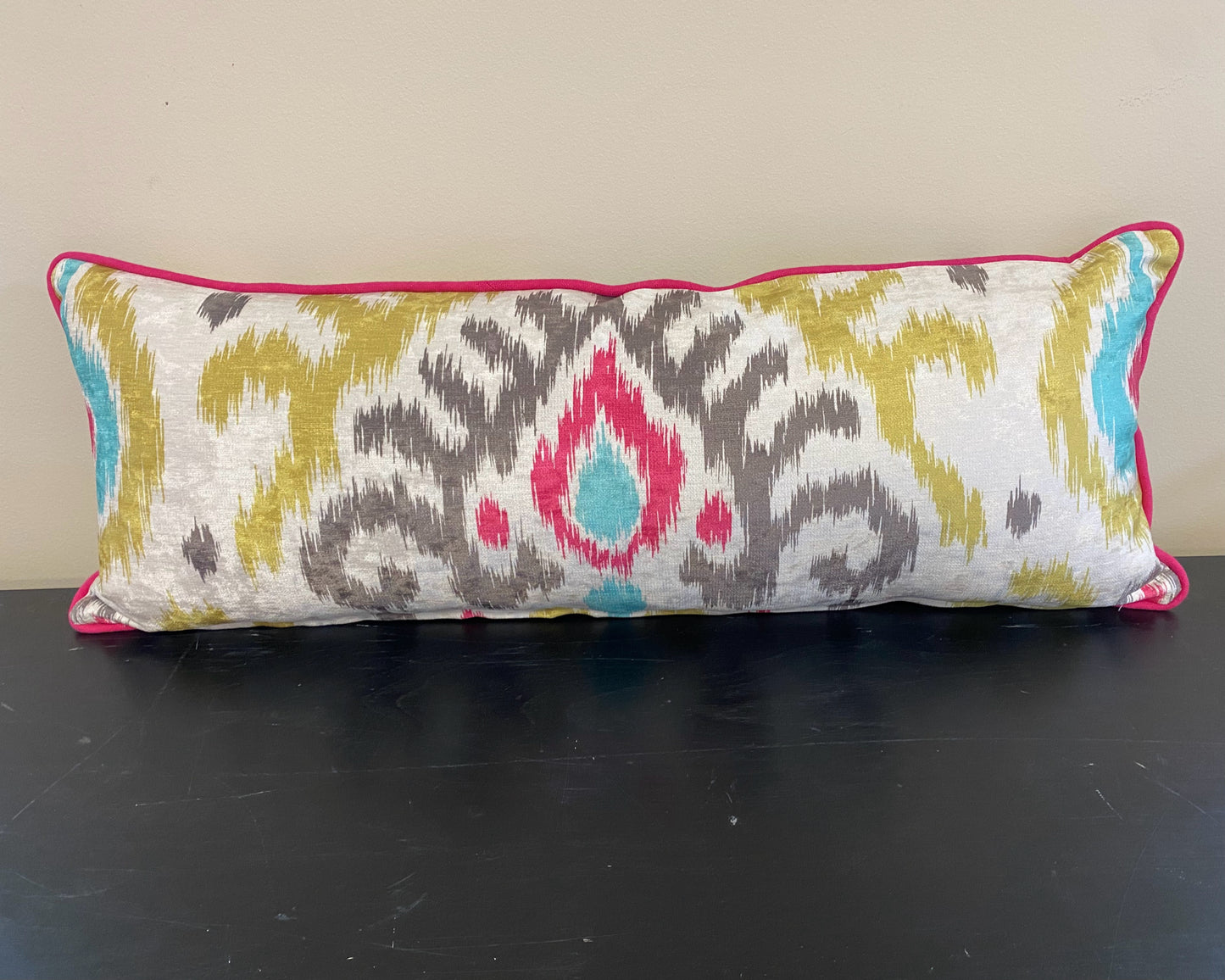 Ikat Multi Color Neck Accent Pillow with Fuchsia  Piping Trim