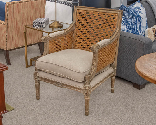 French Style Light Wood Caned Back Arm Chair