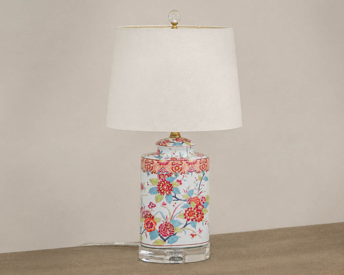 Oval Porcelain Floral Table Lamp with Acrylic Base & Finial