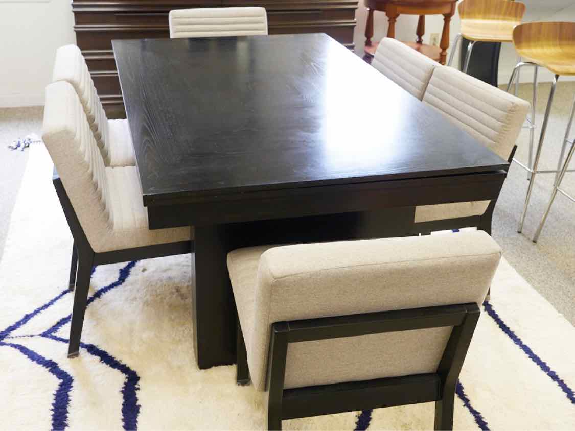 Black Finish Table & 6 Side Chair Set with Light Grey Upholstery
