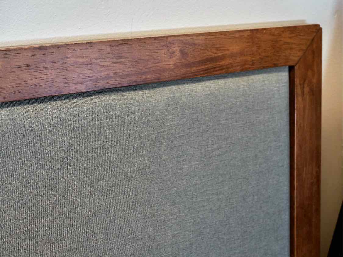 King Platform Bed in Walnut with Charcoal Grey Upholstered Headboard