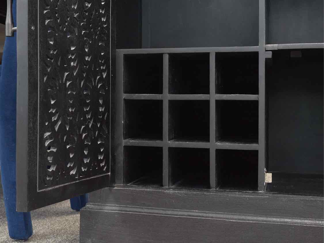 Black Bar Carved 2 Door Wine Cabinet w/ Glass Rack
