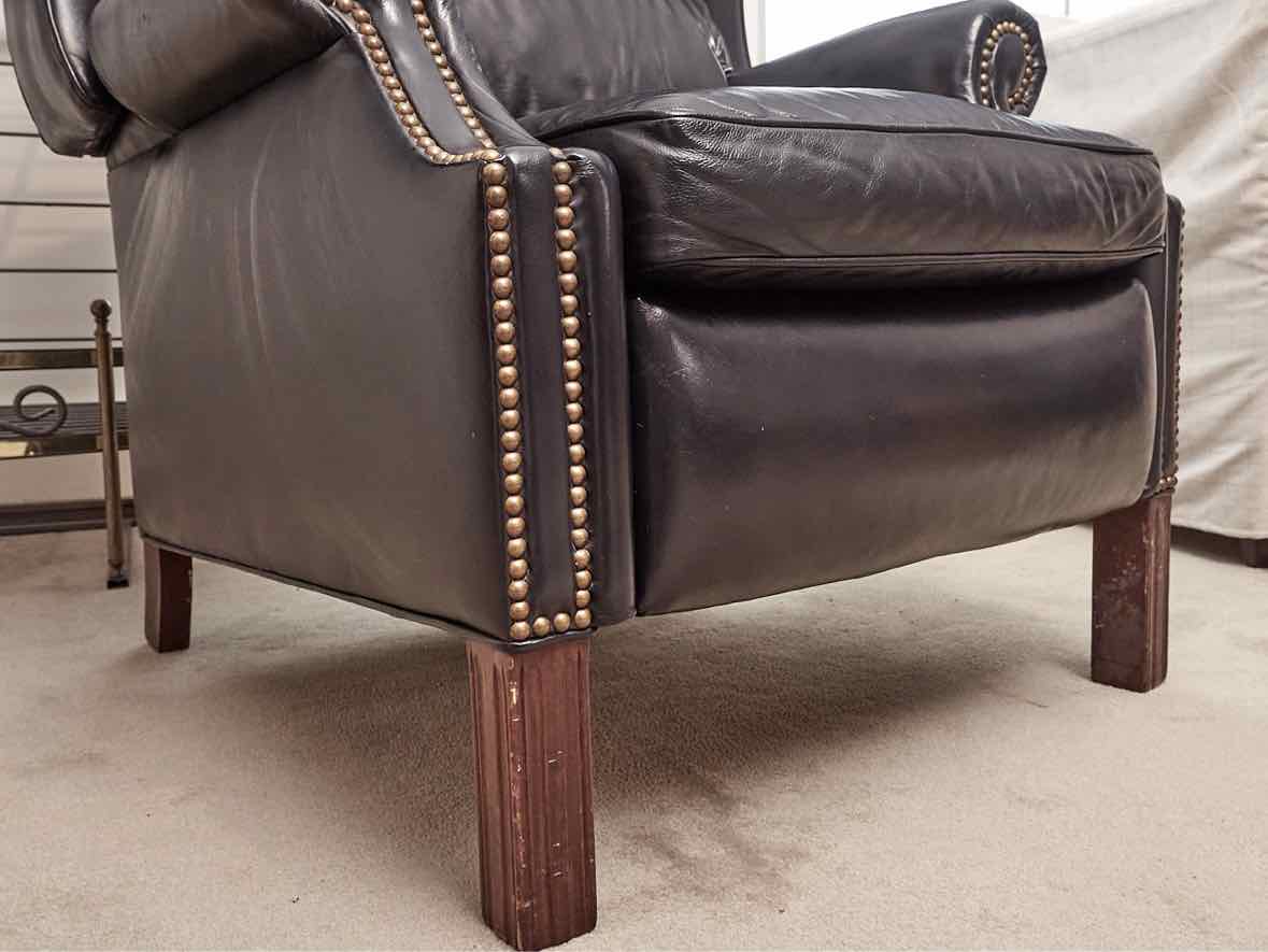 Pair of Hancock and Moore  Navy Blue Leather Bustle Back Reclining Chairs