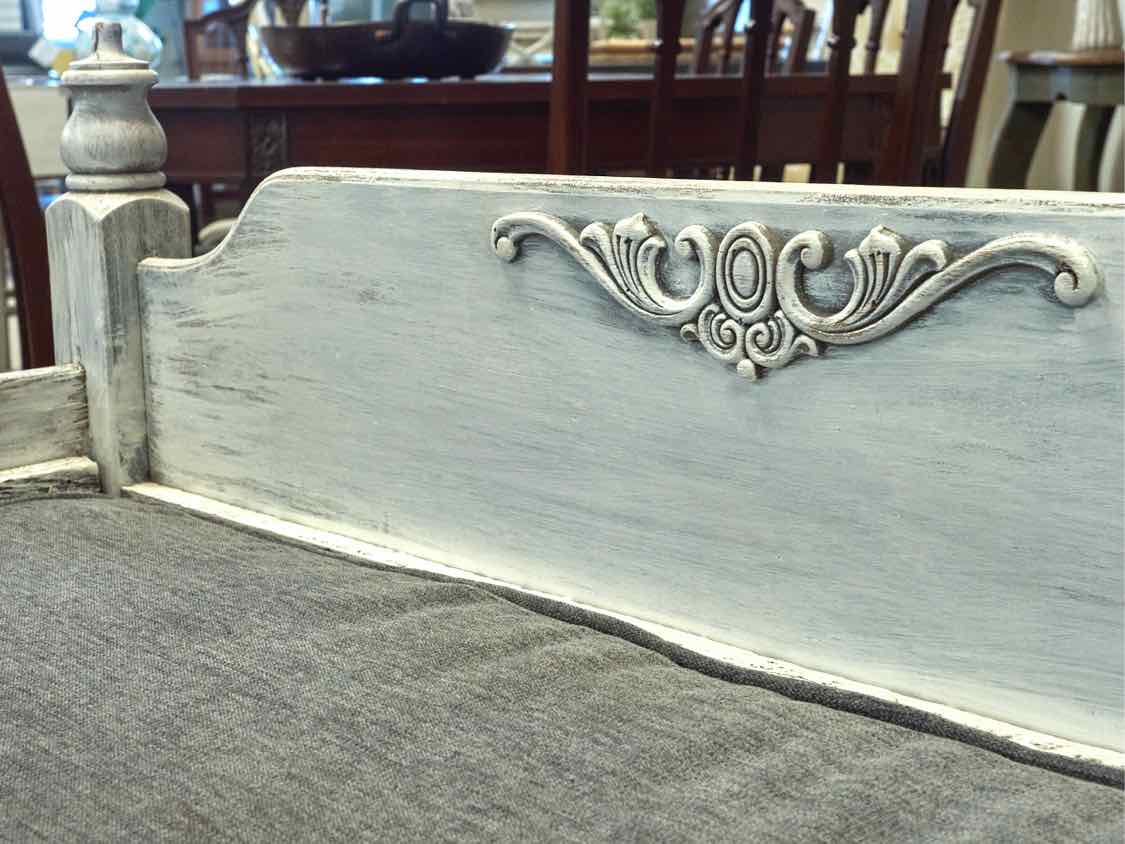 Shabby Chic Bench in Rustic White with Grey Chenille Cushion