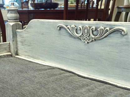 Shabby Chic Bench in Rustic White with Grey Chenille Cushion