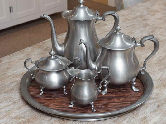 Towle Pewter Tea, Coffee, Sugar & Creamer Set Includes Round Tray