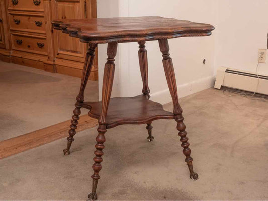 Oak Side Table with Spool Legs & Claw Feet with Glass Ball