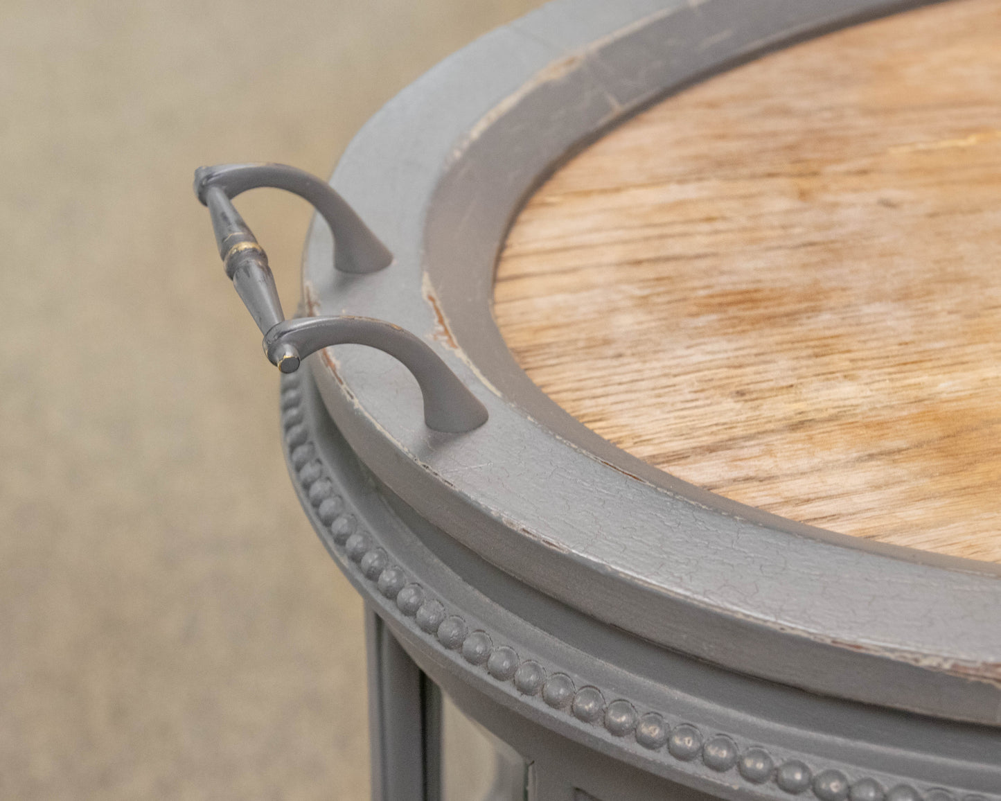 Arhaus Louise Tea Table in Grey Finish with Glass Cabinet and Tray Top