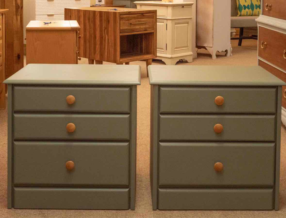 Pair of Eucalptus Green Finish 3 Drawer Nightstands