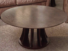 Brown Stained Oak Round Cocktail Table with Open Pedestal Base