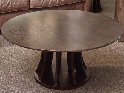 Brown Stained Oak Round Cocktail Table with Open Pedestal Base