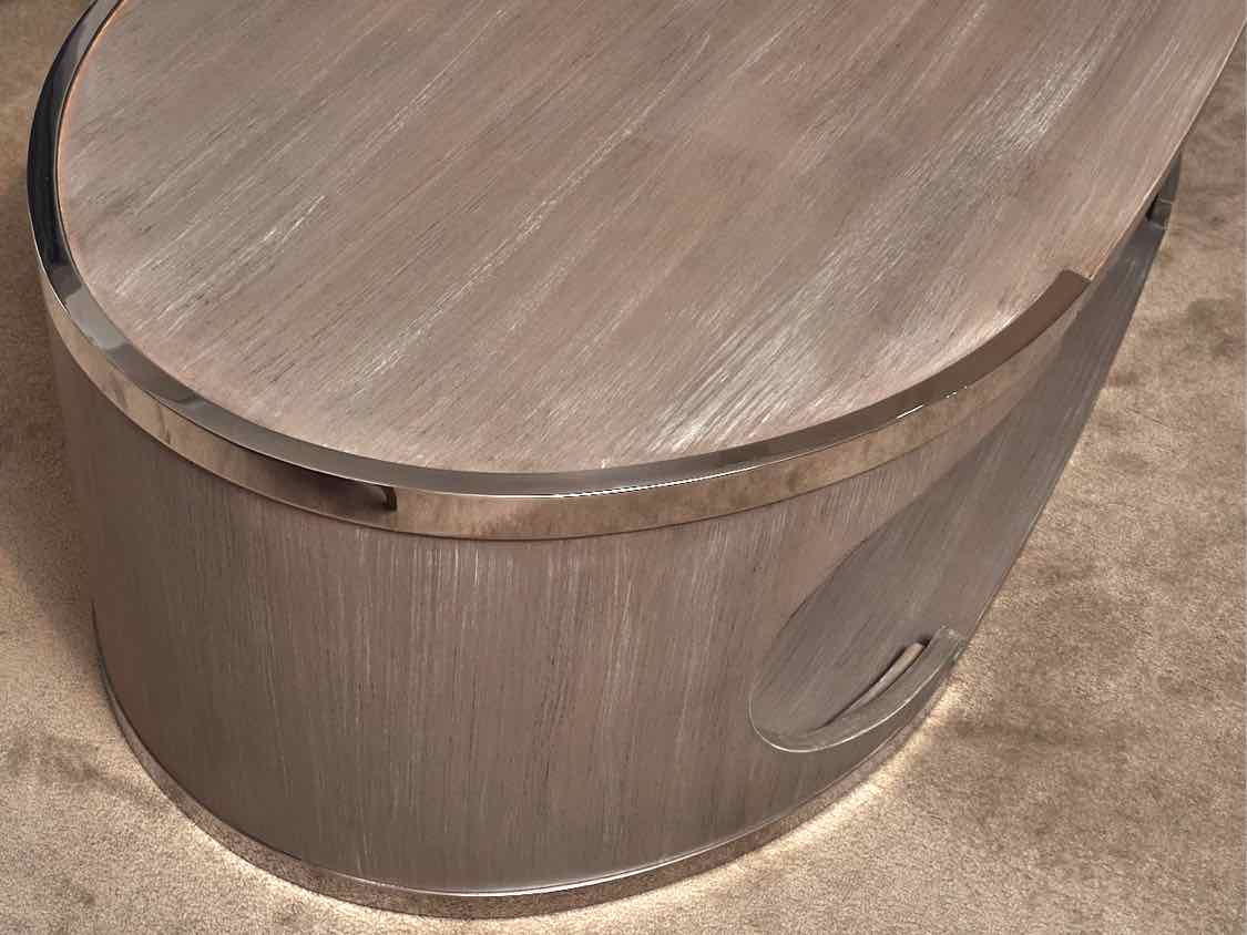Century Furniture Oval  Driftwood Finish Chrome Accents Cocktail Table
